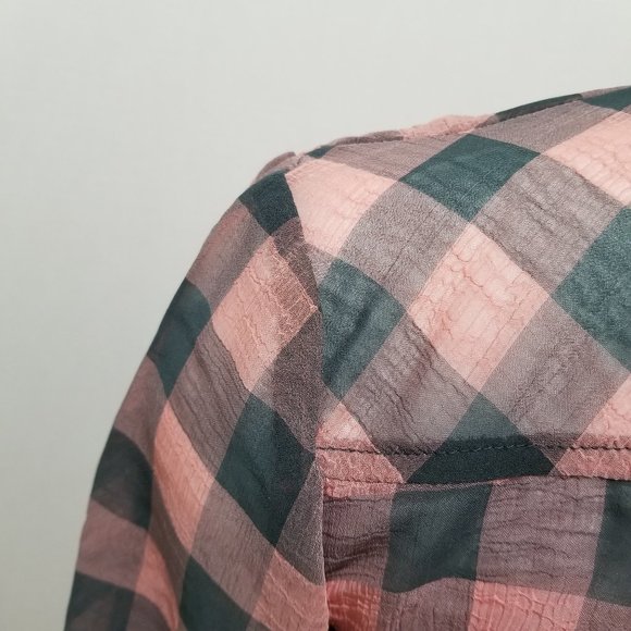 Faded Glory top Small 4/6 plaid sheer hi low chiffon button up down pocket check - Picture 8 of 16
